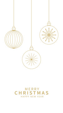 
Minimalist christmas greeting card template with hanging gold line art bauble ornaments and text space