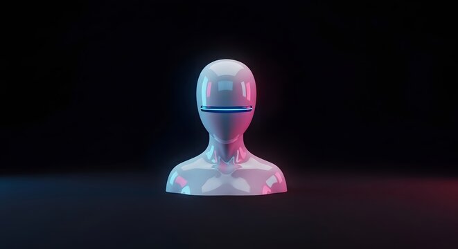 Futuristic artificial intelligence robot bust with glowing visor in neon light humanoid avatar 3d illustration