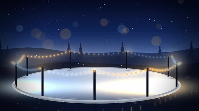 Ice rink with string lights winter lights wide scene looping motion