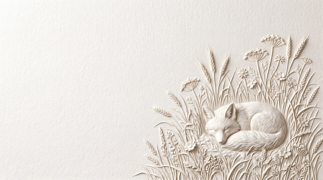 White bas-relief background with sleeping cute fox curled in wildflowers and wheat grass, plaster relief copy space banner