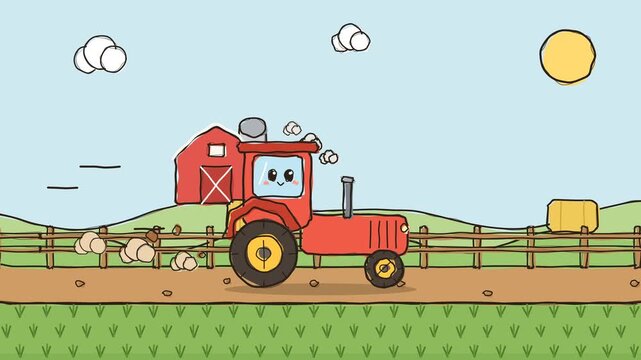 Cute cartoon red tractor driving on a farm road seamless loop animation for kids educational videos