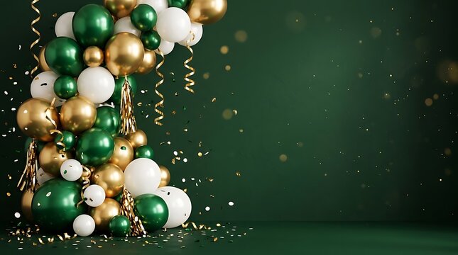 Green white and gold balloons with confetti on dark background
