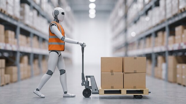 Humanoid robot warehouse worker pushing a pallet jack loaded with plain cardboard boxes, logistics automation concept
