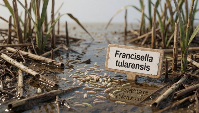 Small wooden sign words francisella tularensis written placed middle puddle water surrounded reeds other veget
