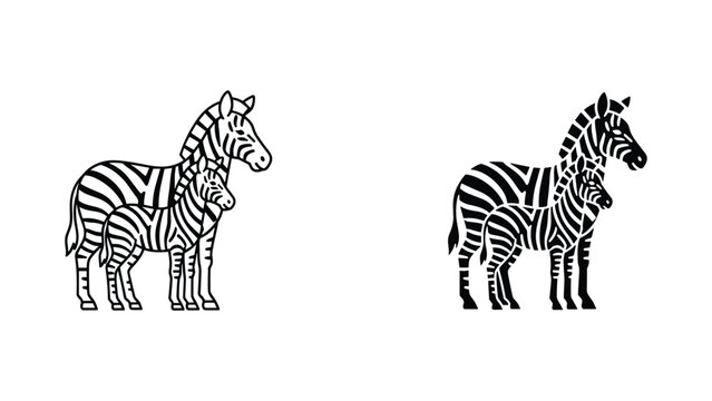 Zebra mother and foal vector icon isolated on white Black and white outline line art and solid glyph silhouette