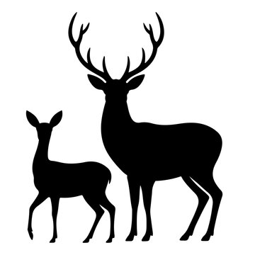 Black silhouette of a majestic stag and a small doe standing together with nature reserve plain background wild animal wildlife