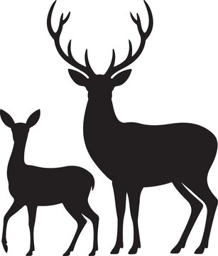 Black silhouette of a majestic stag and a small doe standing together with nature reserve plain background wild animal wildlife