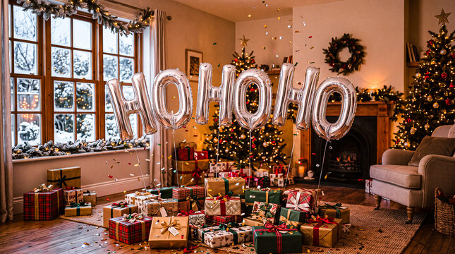 shiny silver foil balloons spelling out ho ho ho floating in a room filled with wrapped gifts and falling confetti illuminated by soft twilight streaming through a window pane