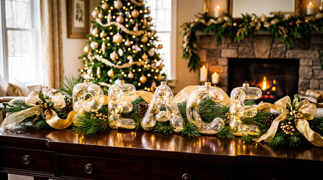 glass baubles arranged carefully to spell peace surrounded by golden ribbons and fresh pine needles reflecting room lighting in a luxurious and elegant festive indoor setting