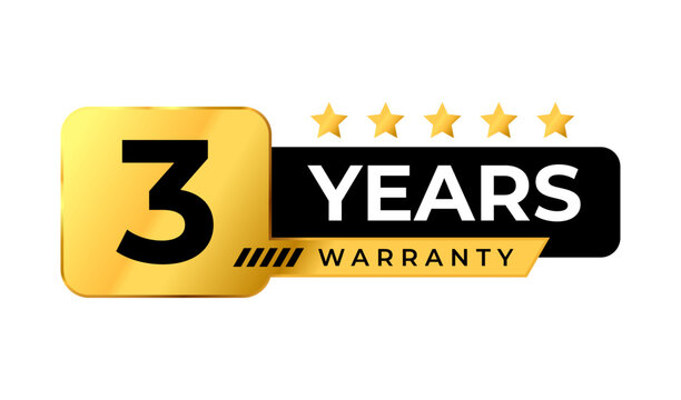 Golden 3 years warranty badge Logo. Premium luxury warranty gold label. Perfect for icon, sticker, sign, symbol, seal, banner, emblem, stamp, tag, award, button, insignia. Vector Illustration
