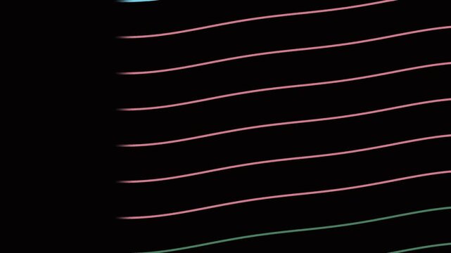 抽象的なピンクと緑の波線が動く黒背景のアニメーション Abstract animation of wavy pink and green lines moving horizontally on black background with subtle wave patterns.