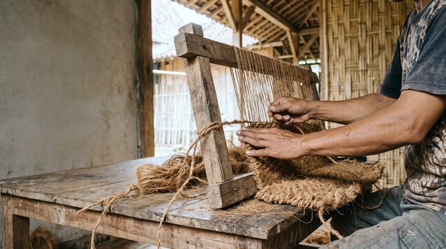 Hand-Weaving a Coconut Coir Doormat on a Wooden Frame