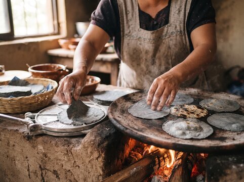 Hands making blue corn tortillas on traditional clay comal over wood fire