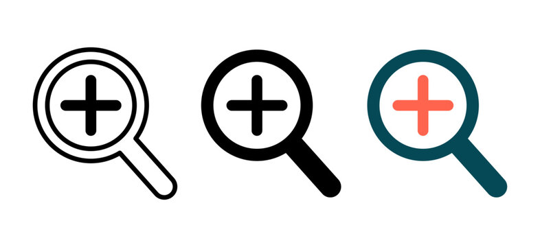 Set of three zoom in magnifying glass icons with plus sign, vector illustration design elements for user interface and web navigation