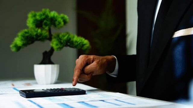 Businessman calculating finances with bonsai tree, Businessman in a dark suit uses a calculator over financial charts on a desk, with a small bonsai tree in the office background.