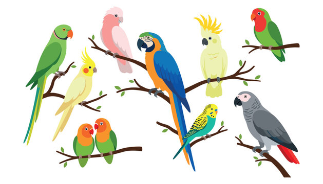 Parrot and tropical bird vector illustration. Macaw, cockatoo, lovebirds, budgerigar, parakeet, cockatiel, branches, leaves, wildlife.