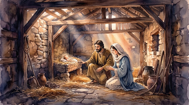 Traditional watercolor illustration of the holy family, Mary and Joseph with baby Jesus in a humble stable, Christmas nativity scene, soft morning light