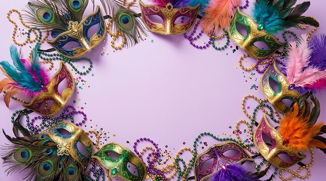 Colorful mardi gras carnival masks with beads and feathers