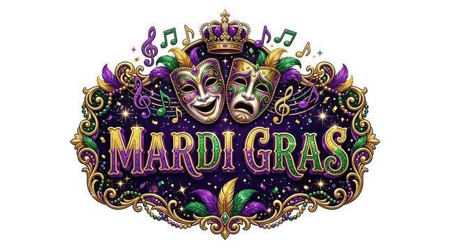 Colorful mardi gras celebration sign with theater masks
