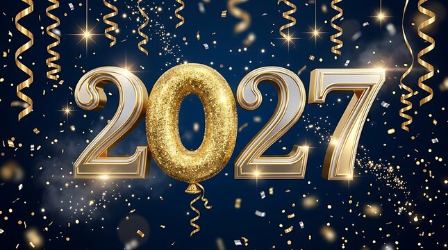2027 gold balloon number with confetti on dark background