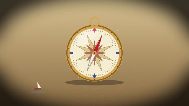 Antique compass spinning slowly on a textured background with spotlight illumination