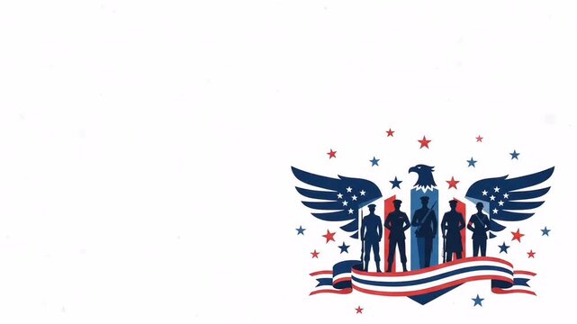 A minimalist Veterans Day design featuring an eagle and military silhouettes on a clean white background.