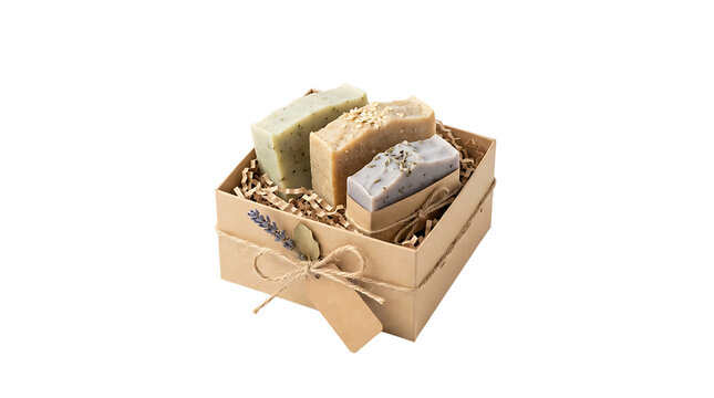 Artisanal handmade soaps in a rustic cardboard gift box with natural paper tag