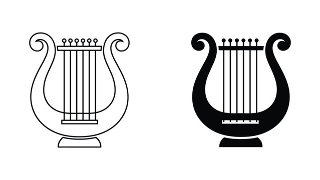 Lyre vector icon isolated on white Black and white outline line art and solid glyph silhouette