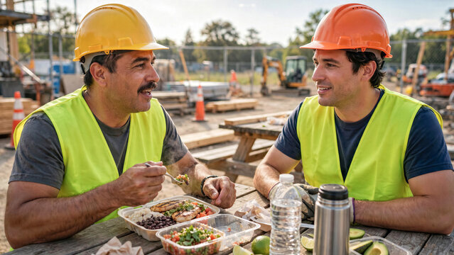 Hispanic construction supervisor in hard hat sitting at outdoor wooden picnic table eating lunch with coworker