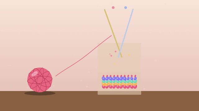 Pink yarn ball rolls towards knitting needles in a soft pastel progression