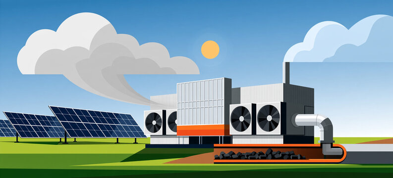 Direct air capture (DAC) - process to extract carbon dioxide (CO2). Digital AI illustration.