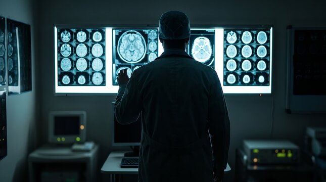 Surgeon examining brain MRI scans on light box, neurological diagnosis, medical imaging analysis, radiology department, healthcare professional reviewing X-rays, surgical planning