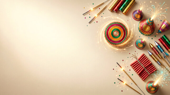 Diwali Festival Celebration with Firecrackers, Sparklers, Chakri, Anar, and Copy Space