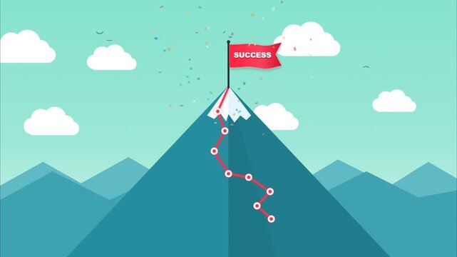 Animated mountain peak path leading to a success flag with confetti explosion