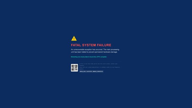 Fatal System Failure Blue Screen Error, Computer Crash Warning Display, Technical Glitch Concept Background