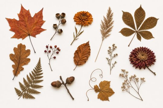 Autumn dried leaves, flowers, berries, ferns, and acorns