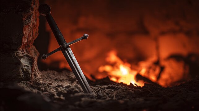 longsword. Medieval longsword embedded in stone, blade reflecting firelight in shadows. event programs, museum guides, designed for cultural heritage projects and event programs, supports education.