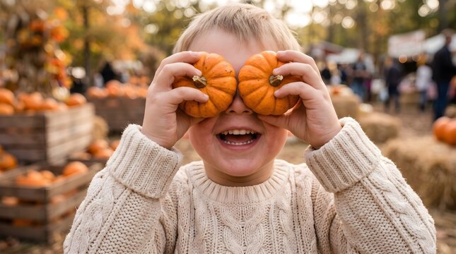 Young Boy Having Fun Playing With Mini Pumpkins at a Fall Harvest Festival