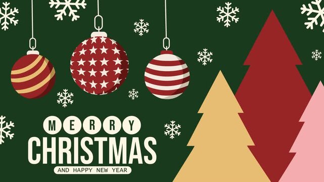4K retro folk Christmas loop: dark green backdrop with hanging red star and striped baubles, snowflakes and geometric pine trees framing Merry Christmas text. Ideal for holiday intros, promos and ads.