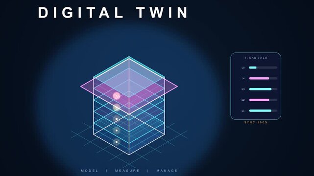 Digital twin abstract 3D model progression in dark blue lighting with data visualization