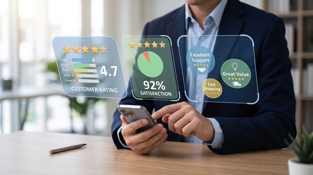 Man checking customer ratings and satisfaction scores on smartphone, positive feedback analysis, business reputation management, online review monitoring