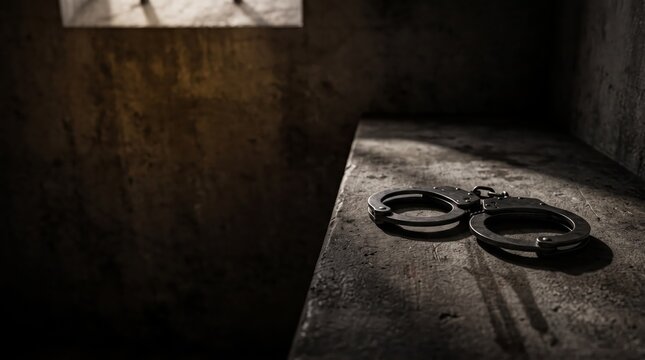 Dark gritty prison cell interior with metal handcuffs on concrete bench, harsh sunlight from barred window casting shadows, symbolizing crime, punishment