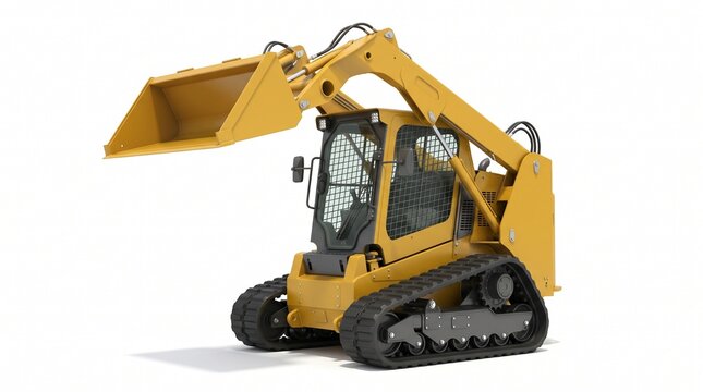 Yellow tracked skid steer loader with raised bucket on a white background