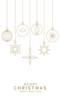 Minimalist white christmas greeting card template with hanging gold line art baubles and geometric stars mix garland