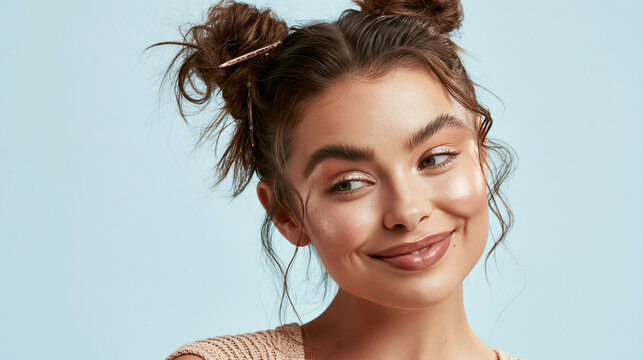 Beautiful young woman with messy double hair buns smiling mischievously against plain light background