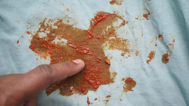 Finger spreading tomato paste across a white cloth during a food preparation task
