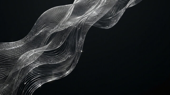 Abstract Silver Metallic Wireframe Wave on Black Background