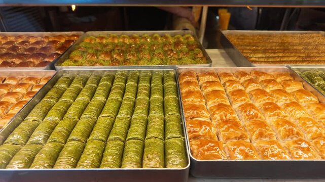 Baklava and pistachio pastries displayed at a bakery counter