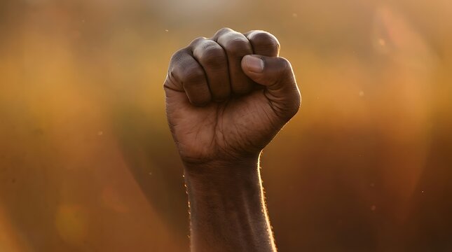 Raised black fist showing strength against a sunset background