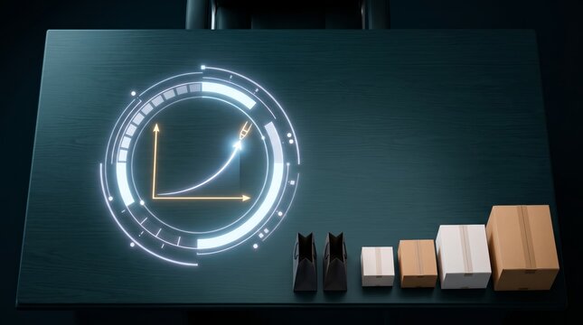 Holographic circular graph showing exponential business growth curve next to ascending cardboard boxes on dark table, representing logistics supply chain management